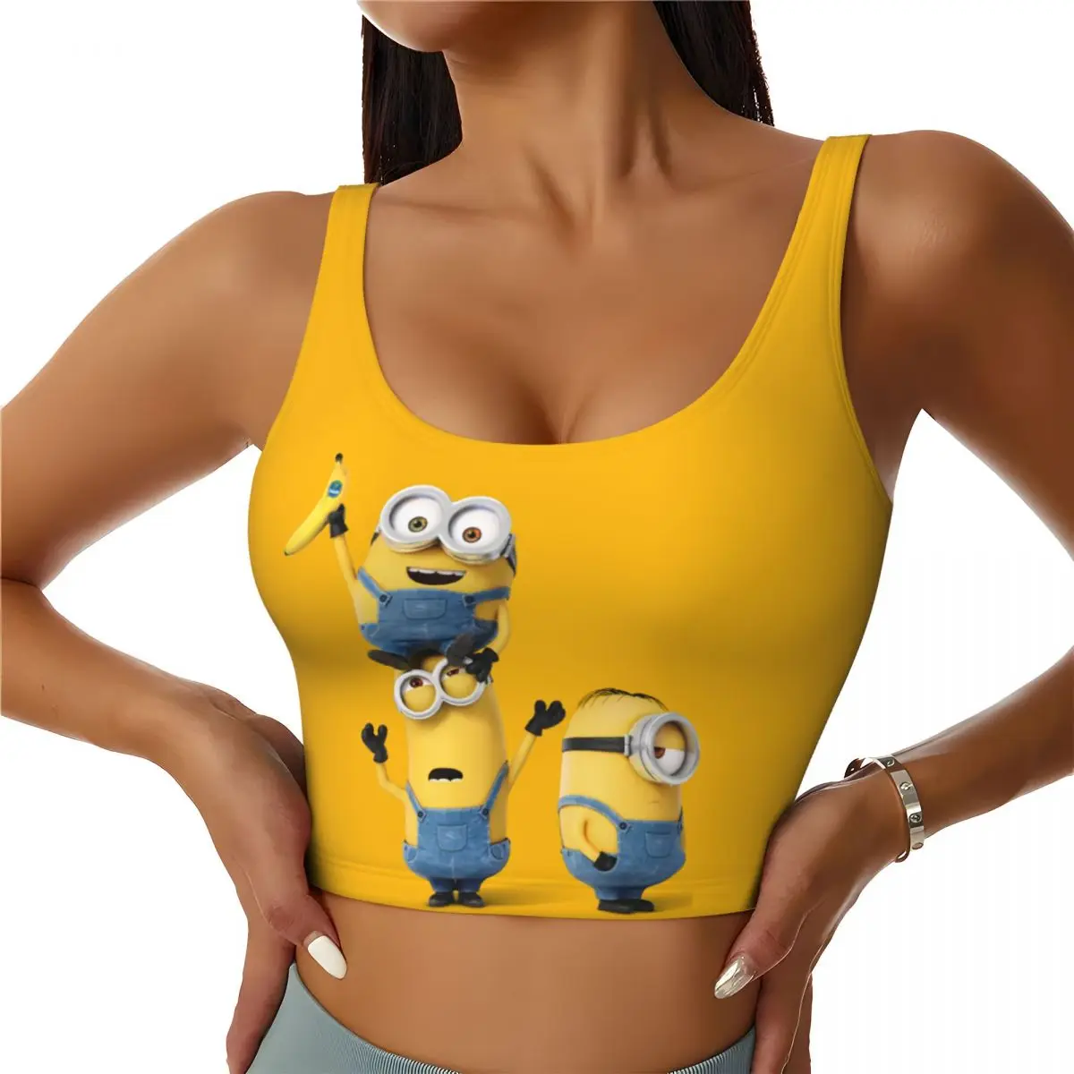 Custom Women Minion Cartoon Banana Sports Bras High Impact Gym Workout Running Crop Tank Tops