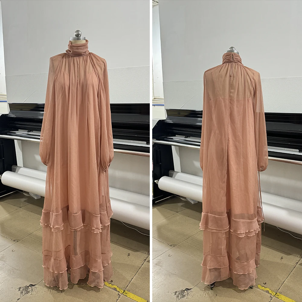 Casual ronde hals, lange mouwen, pure mesh resort maxi-jurk, elegante gesmokte gelaagde, vloeiende strandlange jurken, feestvakantie-outfits