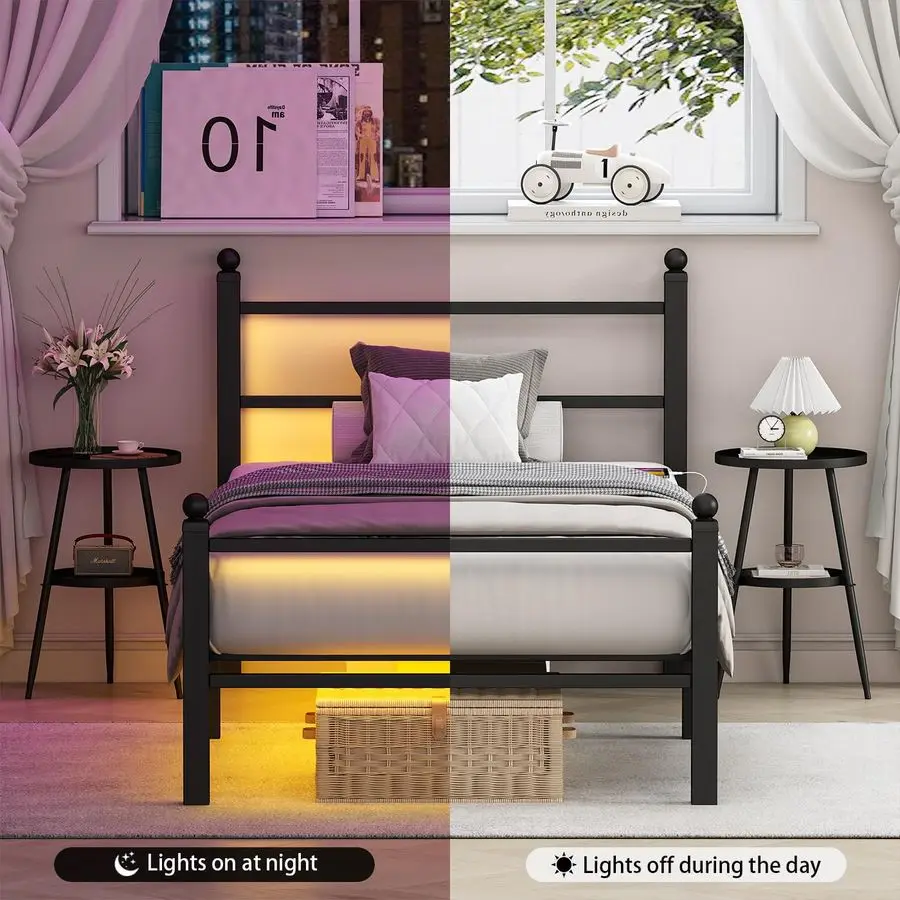 إطارات سرير مع لوح أمامي ولوح للقدمين، إطار سرير بمنصة معدنية سوداء مع أضواء LED RGB ومحطة شحن USB، تحت السرير St #5