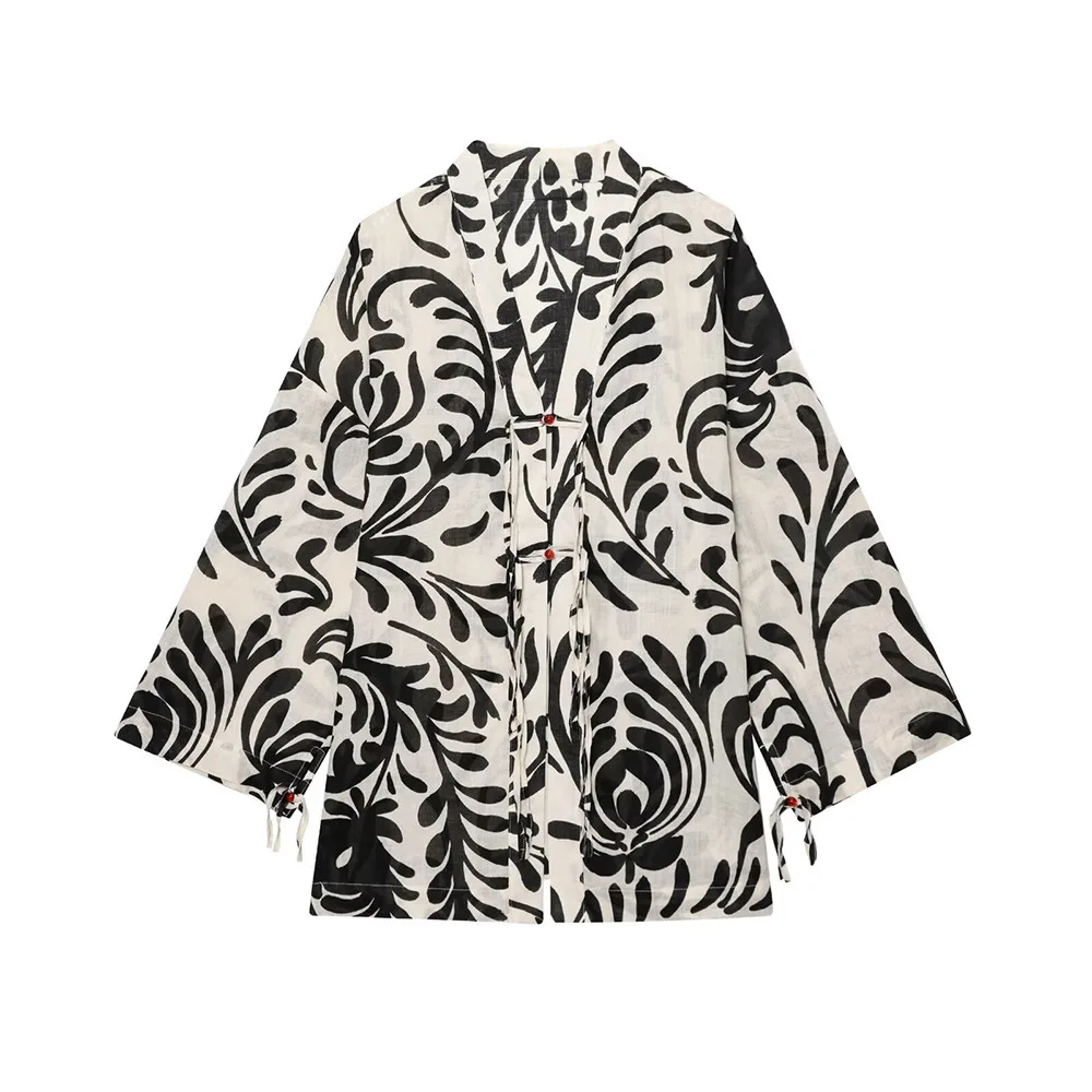 2025 spring and summer new women's clothing European and American style printed long-sleeved top wide-leg pants set