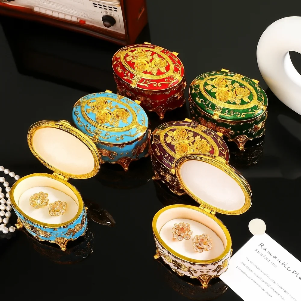 

Gift Box European Style Metal Jewelry Box Vintage Oval Rose Enamel Box Zinc Alloy Trinket Organizer Desk Storage