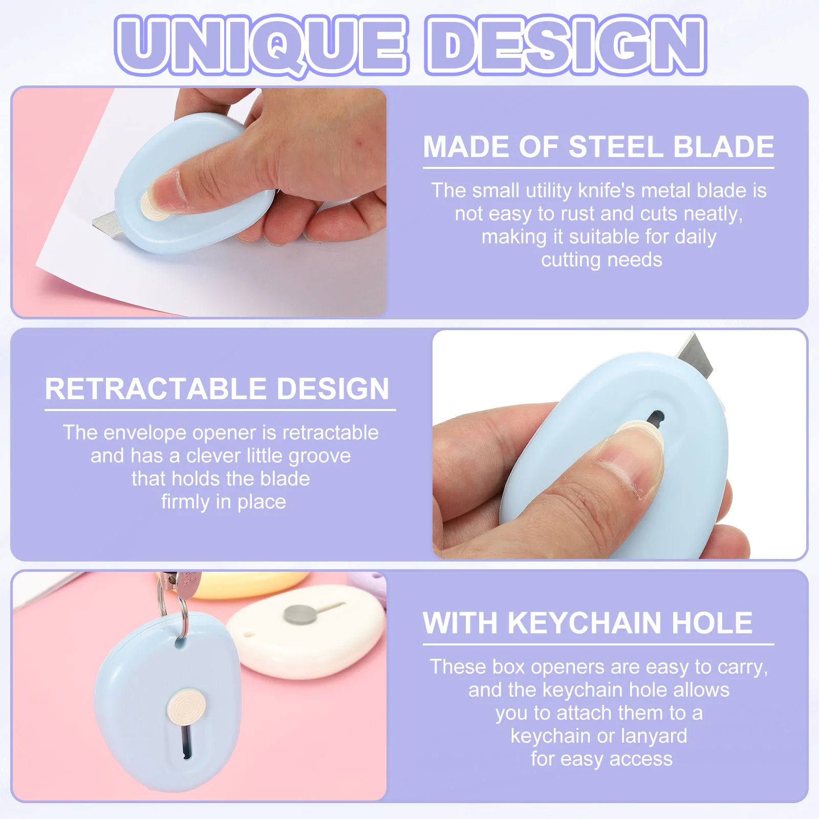 4/8Pcs Mini Box Cutters Retractable Small Utility Knife Portable Cute Letter Envelope Opener with Keychain Hole Office Supplies