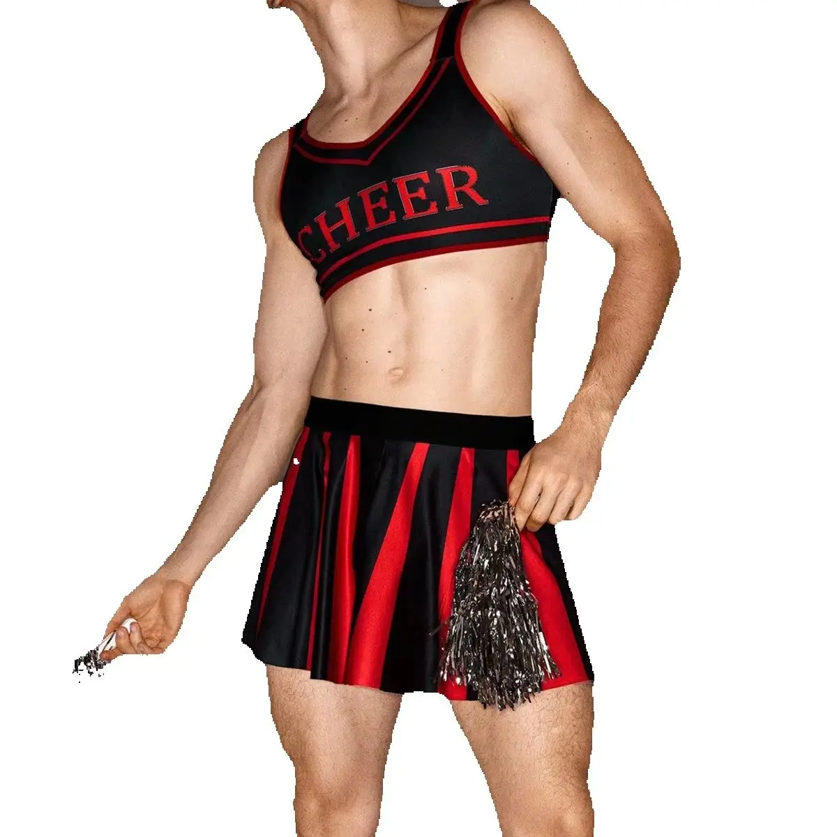 

Mens Cheerleader Costume Set CHEER Embroidered Crop Top and Striped Pleated Skirt for Halloween Cosplay