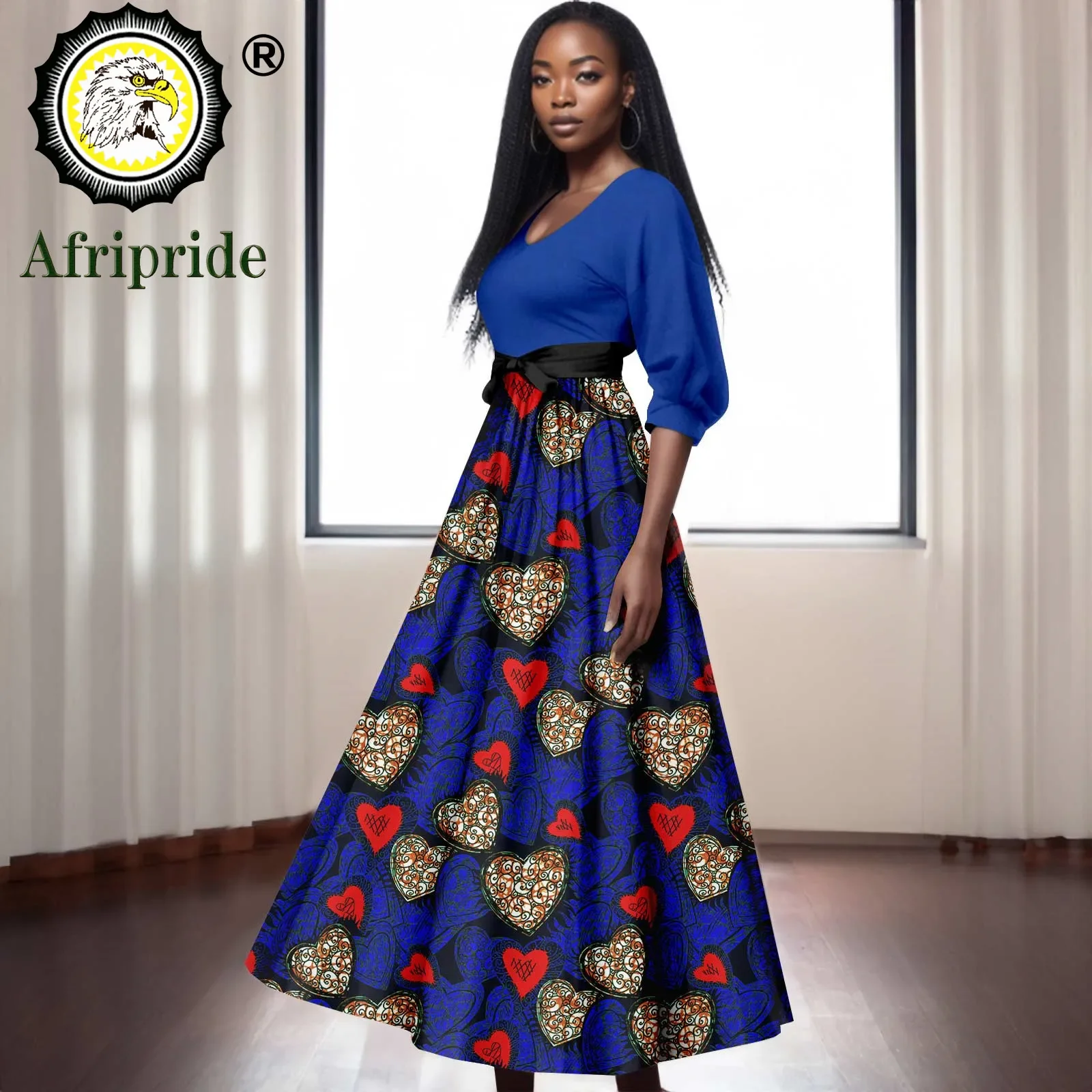 Women`s Dresses African Clothes Half Sleeve V-neck High Waist Print Attire Elegant Maxi Dress Traditional Clothes A2325009