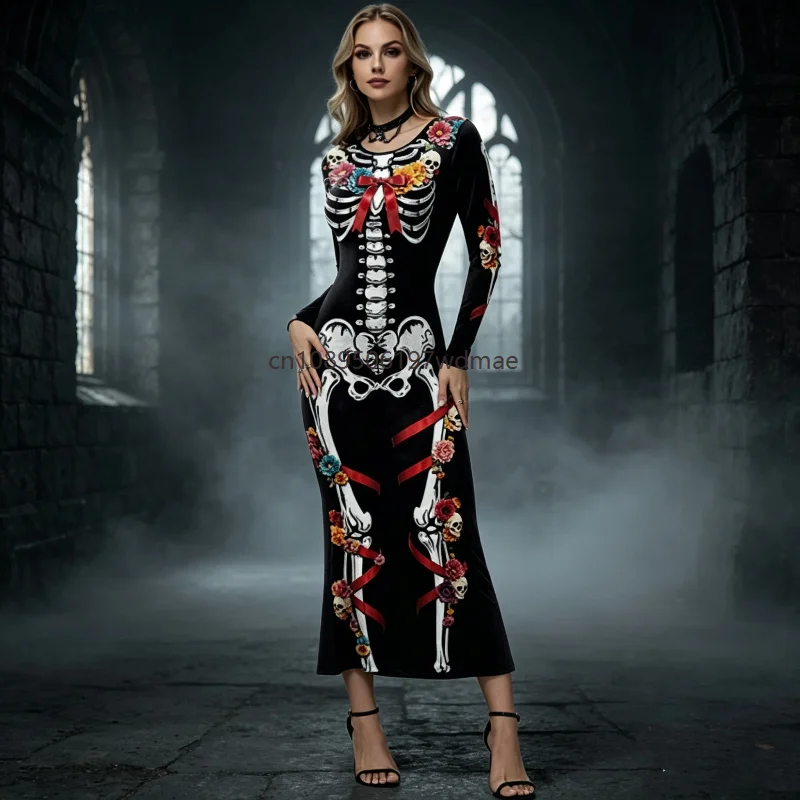 Damen Day of The Dead Skelett Blumendruck Langes Kleid Halloween Cosplay Kostüm Langarmkleid Karneval Faschingsparty Outfit