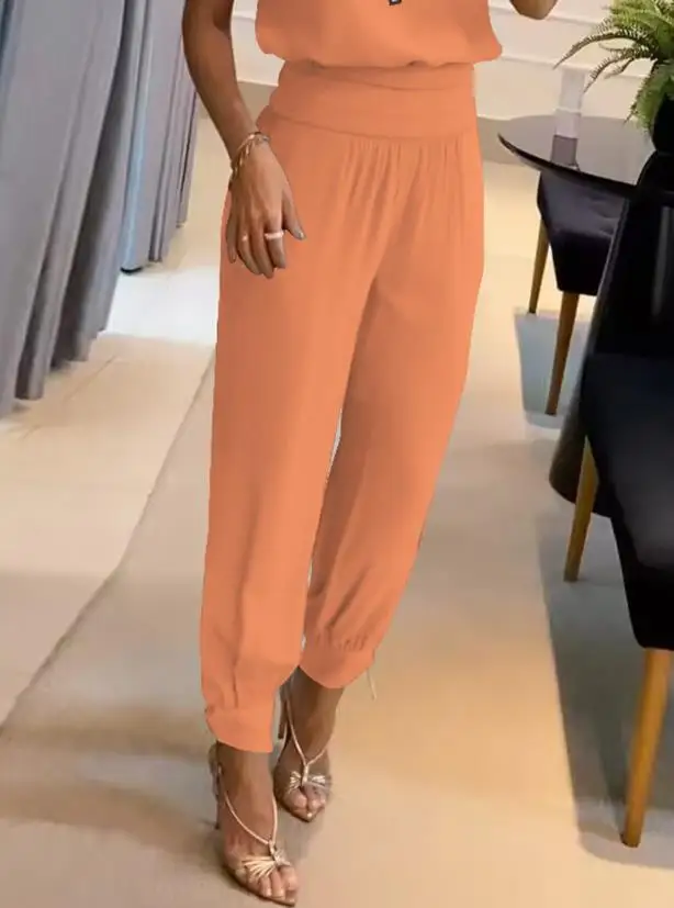 Two Piece Set Women Outfit 2023 Summer Fashion Puff Sleeve V-Neck Short Sleeve Top & Casual High Waist Pocket Cuffed Pants Set