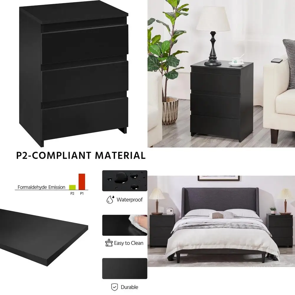 

Three-Drawer Wooden Bedside Table with Sturdy Base, Storage Space, and Accent Table for Bedroom