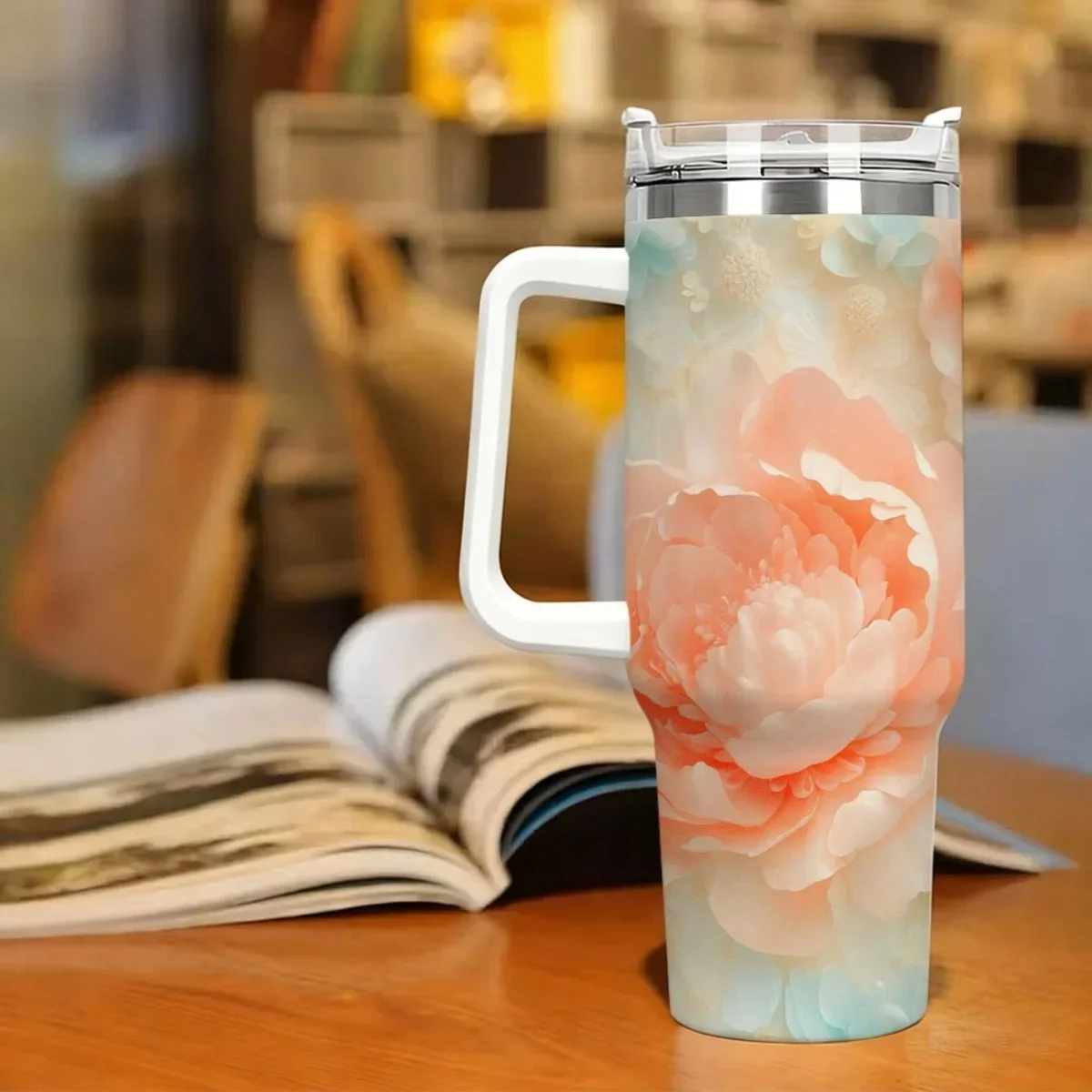 One 40Oz Stainless Steel Soda Can Featuring a Lid And Straw - Designed with an Artistic Floral Pattern, Sturdy And Fits in Car Cup Holders, Perfect for Summer Beverages with Ice at Home, in The Office