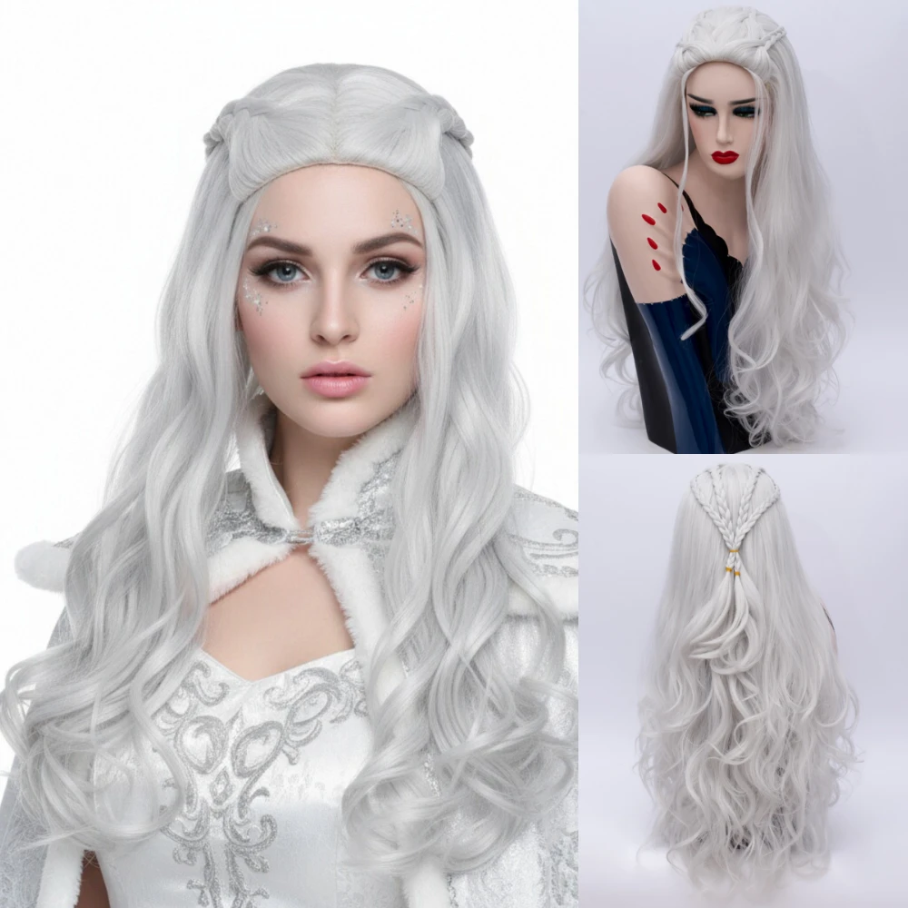 

Long Wavy White Synthetic Wig for Women Heat Resistant Anime Style for Halloween Fun