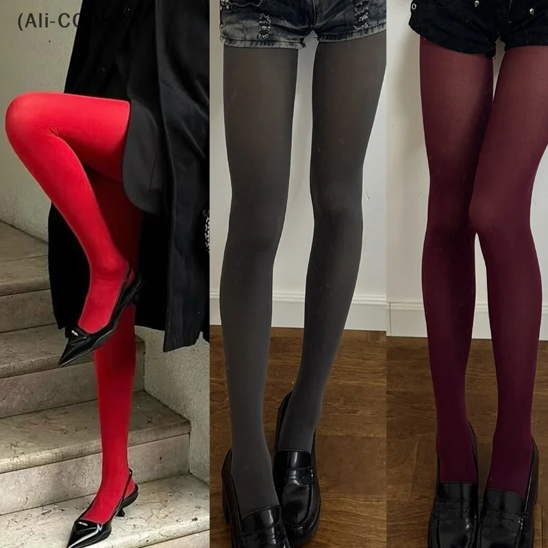 〔CC88〕Spring and Fall Solid Color Nylon Elastic Leggings Women's Tights Slim Stockings Pantyhose Street Style Trend Red