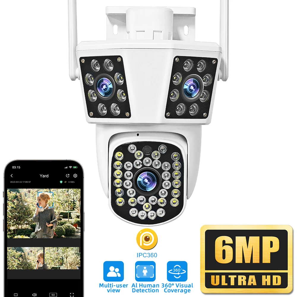 

WiFi Camera Outdoor Triple Lens Triple Screen 4x Zoom 6MP Security Mobile Body Detection Outdoor IP CCTV Survalance