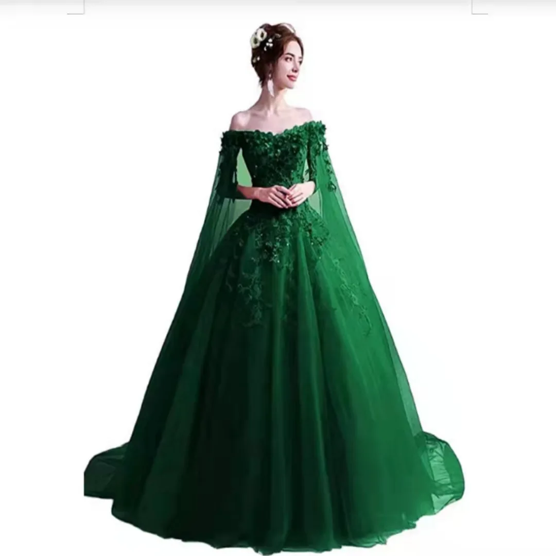 Realy  Photo Quinceanera Dress   Off  Shoulder   Long Floral Lace Beaded Prom Wedding Dresses with Cape