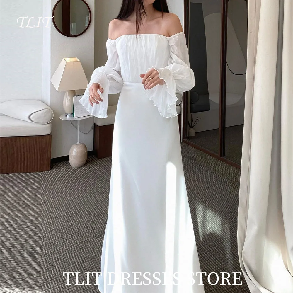 

TLIT Elegant White A Line Two Piece Evening Dresses Korea Photo shoot Customized Off the Shoulder Long Ruffle Sleeves Prom Gowns