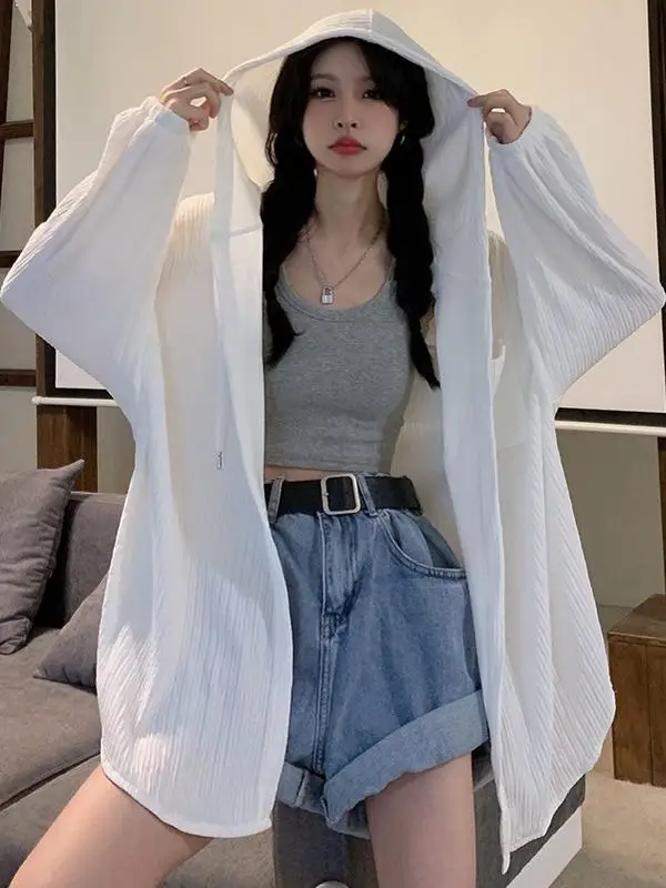 

White Long Sve Women's Summer 2024 New Versatile Loose Open Cardigan Hooded Thin Outerwear Sun Protection Clothing