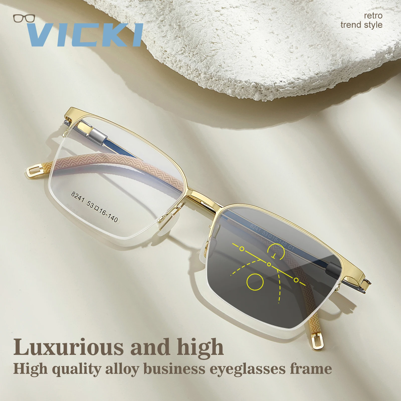 

VICKI Senior Quality Business Men's Half Frame Alloy Glasses Can Be Customized Prescription Multi-focus Glasses 8241