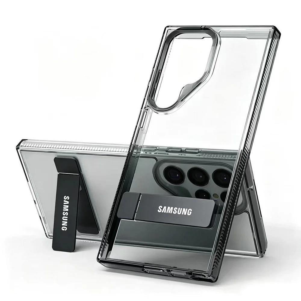 Capa de suporte de metal para samsung s25 s24 s23 ultra plus capa transparente à prova de choque
