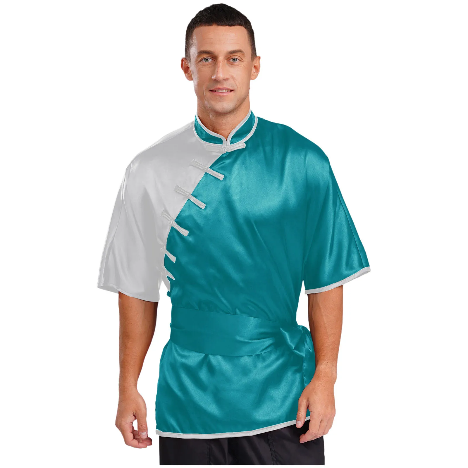 

Men Festival Halloween Kung Fu Tai Chi Cosplay Top with Belt Short Sleeve Martial Arts Wushu Blouses Competition Workou Costume