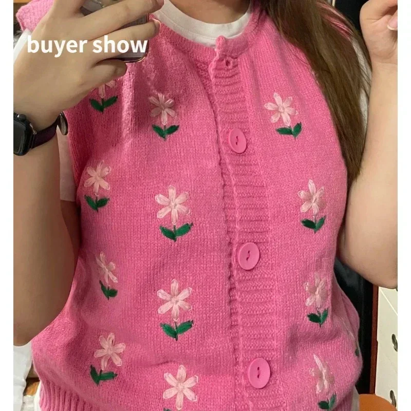 Kimotimo Adrette Pullover Weste Frauen 2024, neue Stickerei Blumen, ärmellose Oberbekleidung, Strickjacke, koreanische süße dünne Strick-Crop-Top