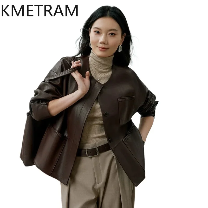 KMETRAM Genuine Sheepskin  Leather Jacket Woman O-Neck Vintage Jackets Real Leather Coat Autumn Women Clothes 2026 jaqueta couro