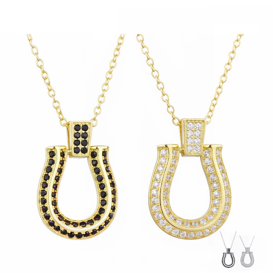 

925 Sterling Silver Horseshoe Pendant Long Chain Necklaces Black Zircon High Quality 18K Gold Plated Women Luxury Fashion Chains