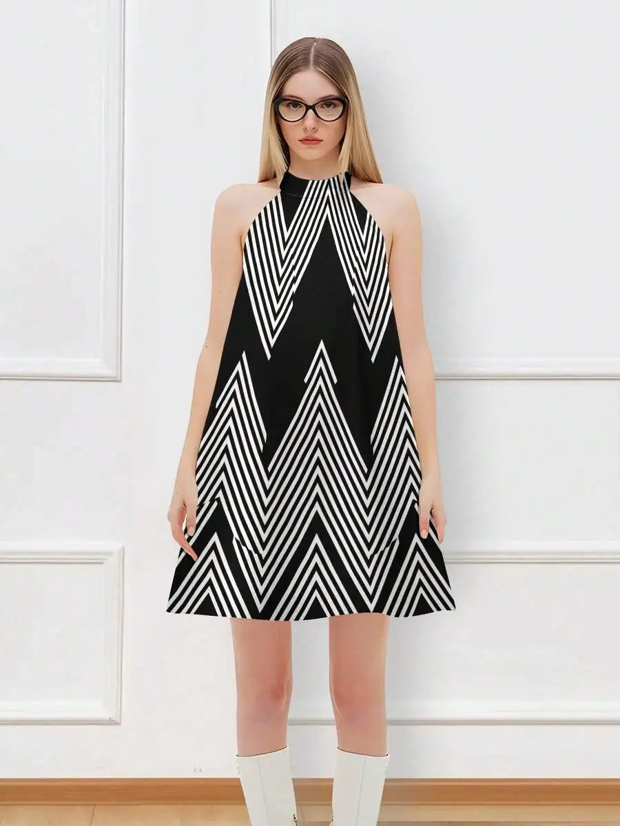 

Black And White Geometric Zigzag Halter Neck Dress Women Casual Summer Knit A-Line Dress