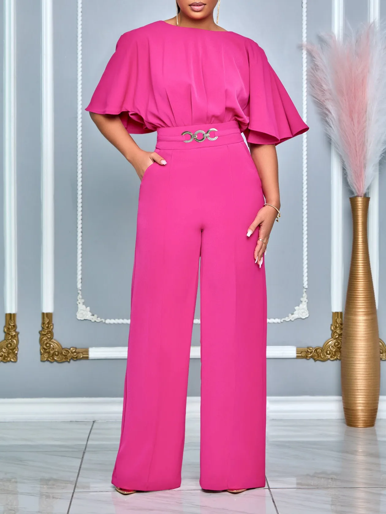 

Summer Women's Clothing Solid Color Neck High Waist Wide Leg Jumpsuit For Polyester Elegant Long Pants