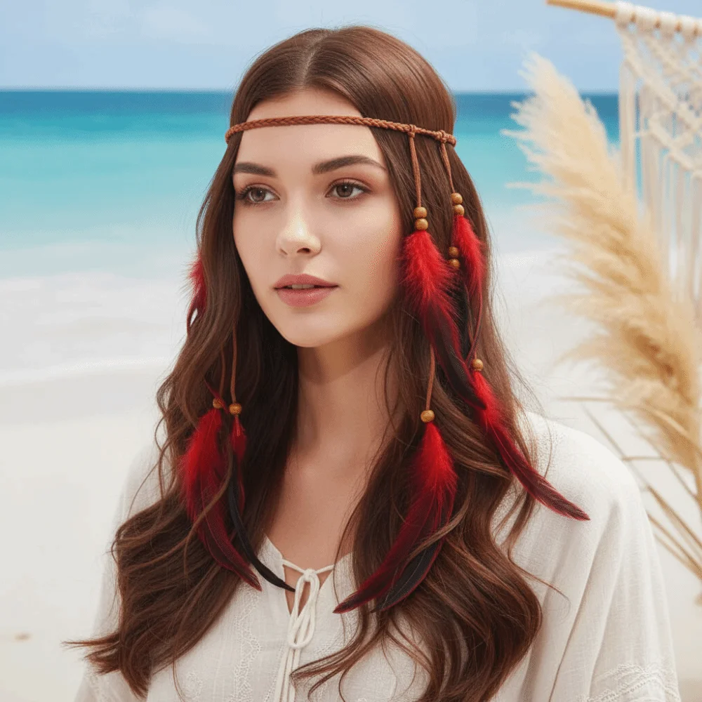 Cascading Tassels Long Feather Headpiece Braided Cord Hand-tied Plumage Bohemian Tassel Headband Vintage Ethnic Style