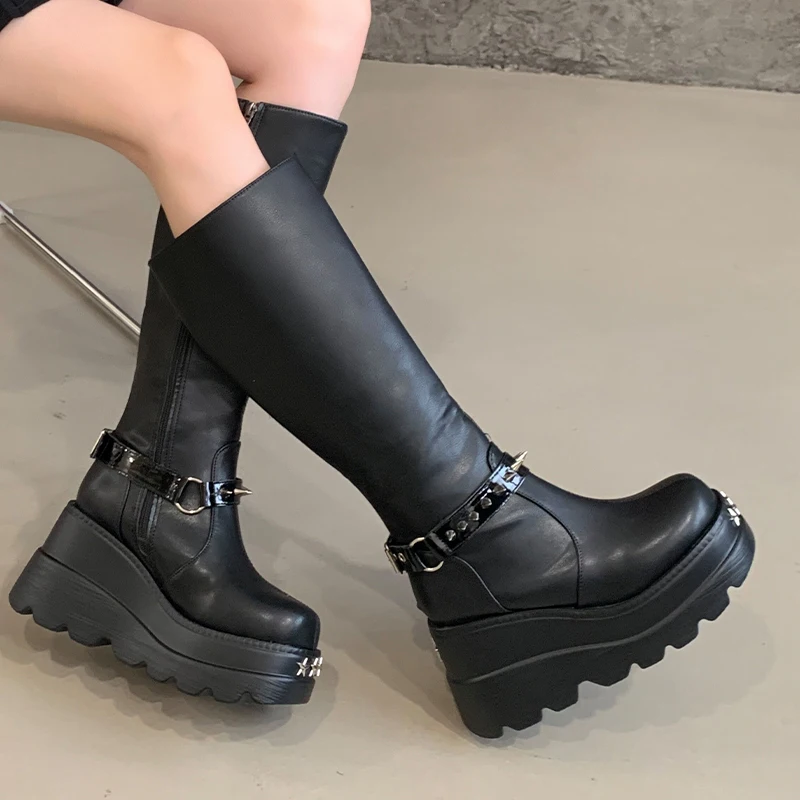 Woman Boots Knee High Platform Chunky Heels Trend Winter Shoes 10cm Heels Size 43 Black Boots Punk Wedges Rivet Ladies Shoes