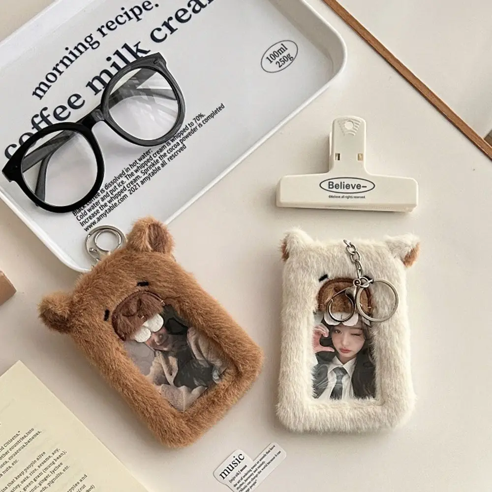 Cartoon Photocard Holder Fluffy Bag Pendant Animal Plush Photocard Holder Korean Style Card Sleeve Bus Card Holder Student