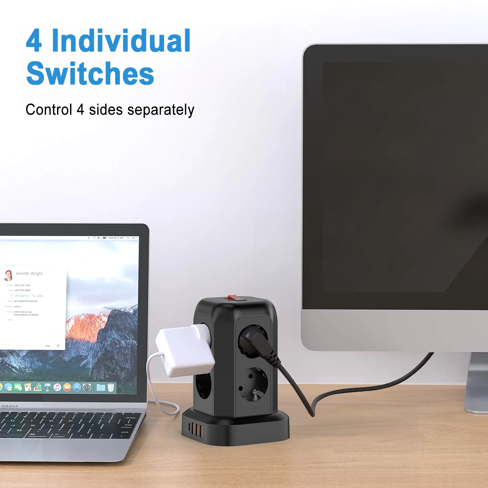 Multi plug socket distributor with 8 sockets, 3 USB ports (including 1 USB-C), side entry wall charger