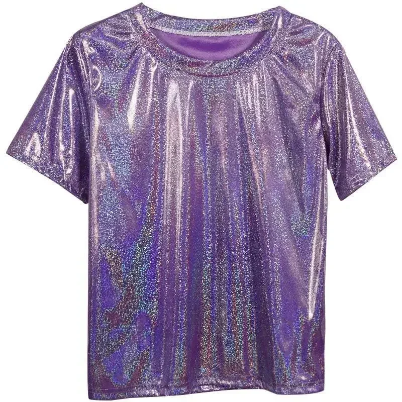 S-4XL para mujer, camiseta holográfica metálica brillante con cuello redondo, manga corta, Top holgado informal, camiseta para fiesta y Festival,