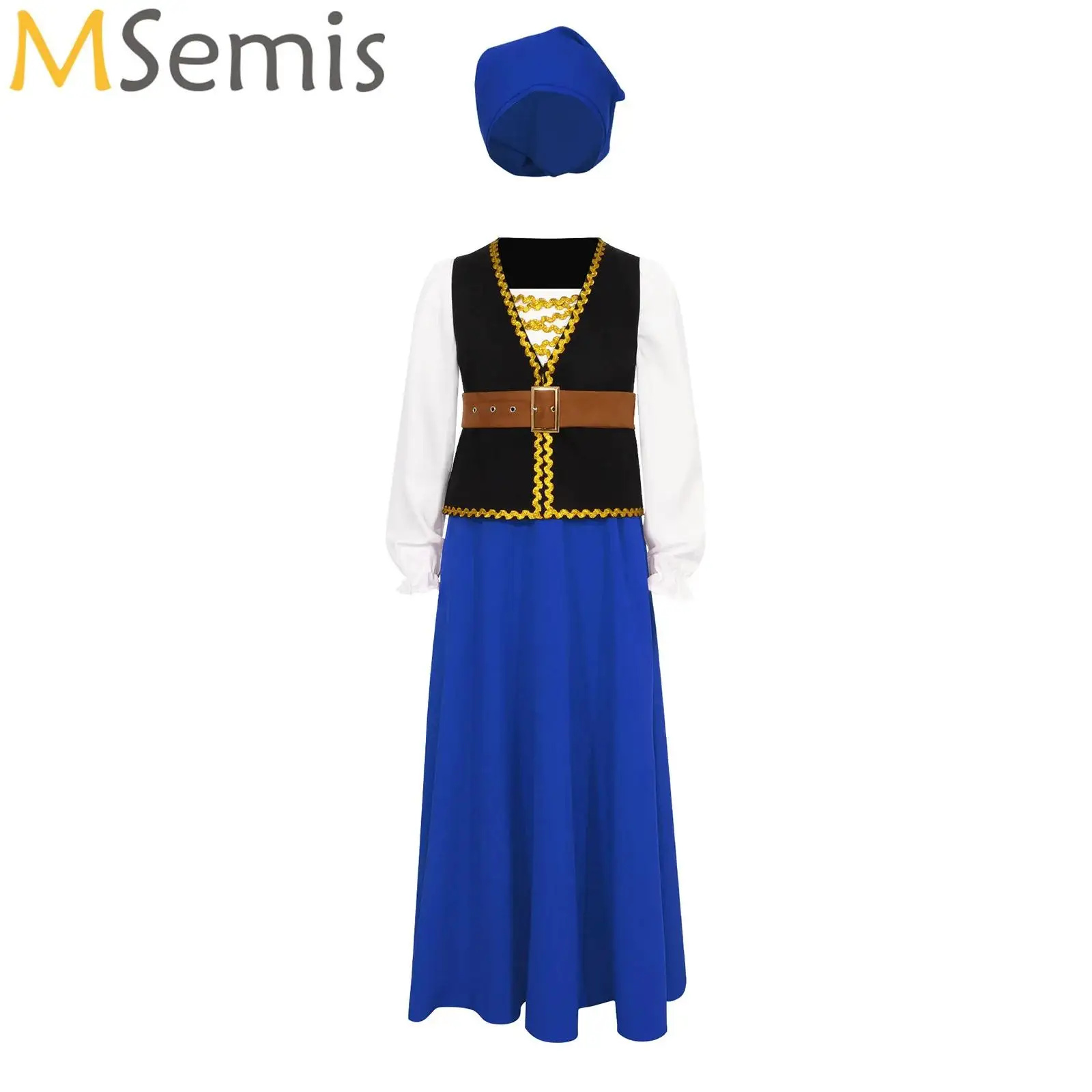 

girl Medieval princess costume Kids Renaissance Fair Medieval Theme Party Outfits Shirt with Belted Vest Skirt Head Kerchief