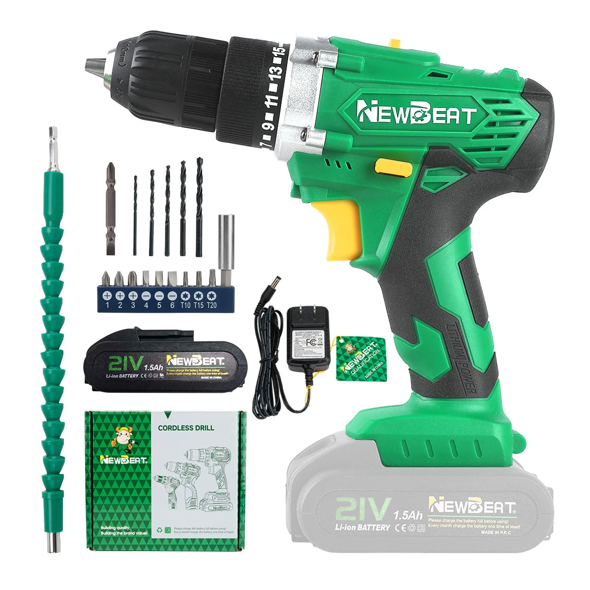 NEWBEAT Cordless Drill Set, 21V MAX Power Drill Driver with 1 Battery and Charger, 2 Variable Speed, 25+1 Torque for Home DIY