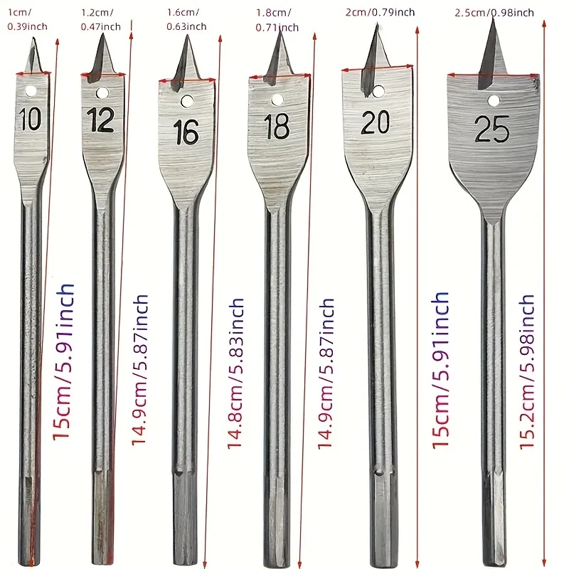 6pc Natural Color Three Pointed Flat Drill Hexagonal Handle Woodworking Hole Opener Wooden Board Drilling Bit Tool Set