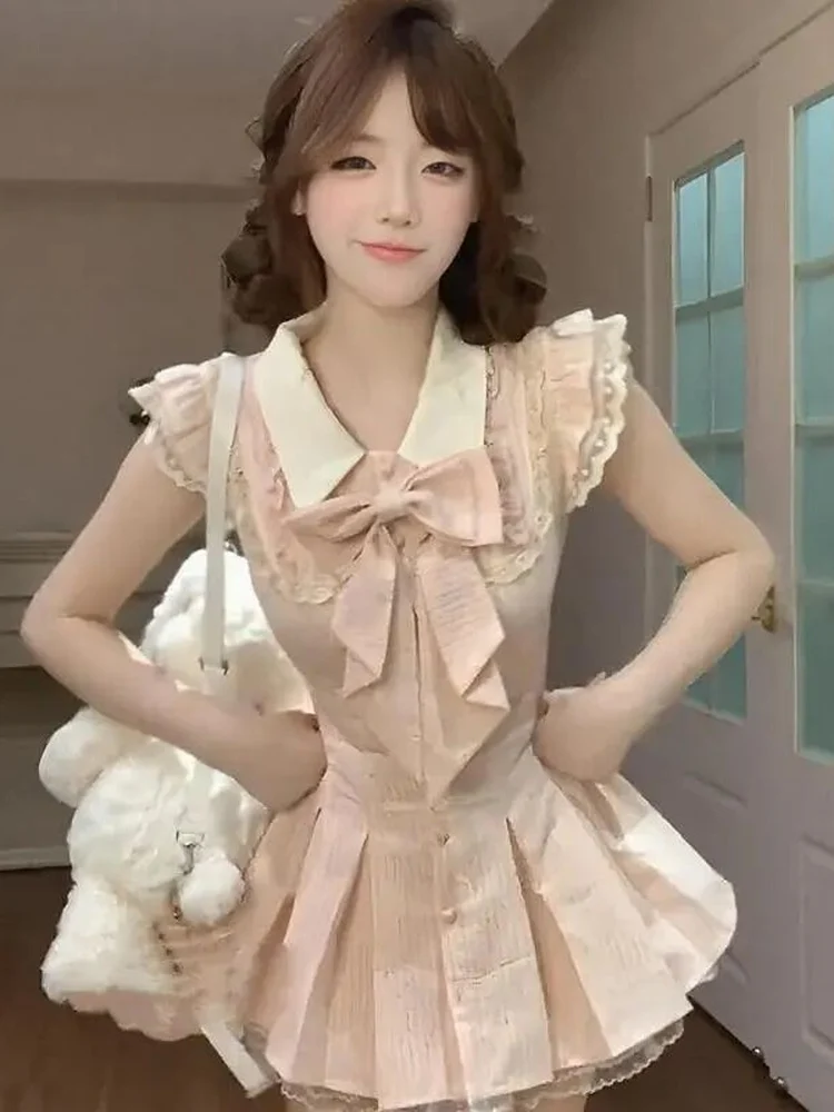 

Pink Sweet Cute Little Flying Sleeve Dress Summer School Style JK Bow Knot Waist Cinching Short Skirt Pants Set Women's Fashion