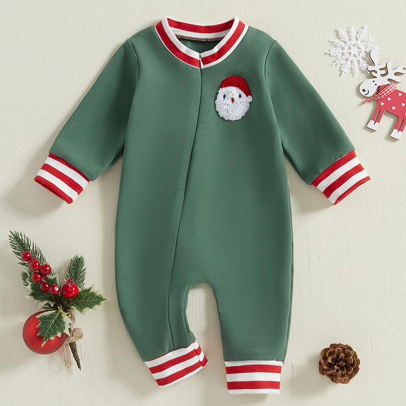 

0-18M Newborn Baby Christmas Jumpsuit Santa Embroidered Striped Round Neck Zip Up Long Sleeve Rompers for Boys Girls