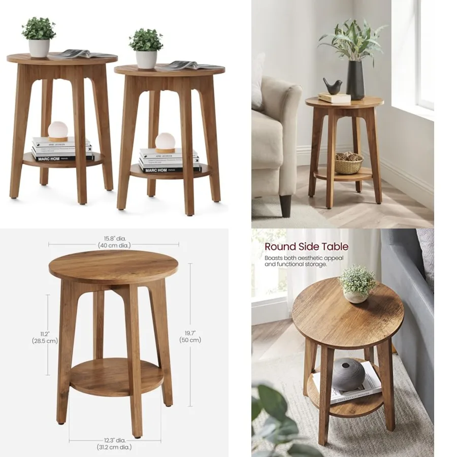 

Collection - Set of 2 Side Tables, 2-Tier Small Round End Tables, Nightstands with Tapered Legs, Curved Transitions, for Small Spaces, Living Room, Bedroom, Honey Brown