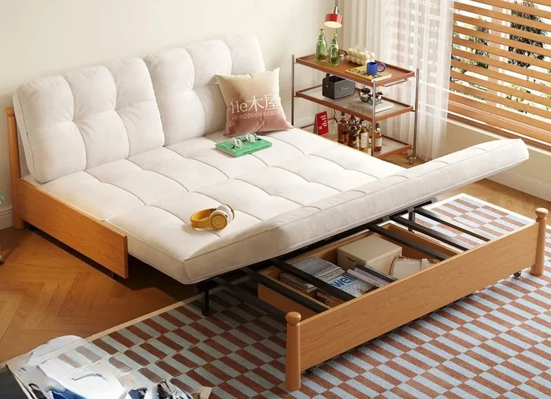 Solid Wood Sofa Bed Folding Convertible Couch Pull Out Sleeper for Small Apartment Living Room Space Saving Durable Frame