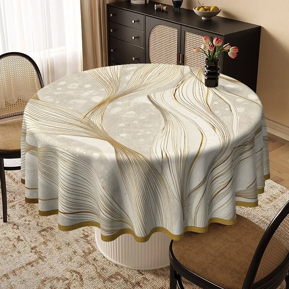 Circular tablecloth, tablecloth, table cover, circular table cover, abstract wave pattern in light brown and white designxzj
