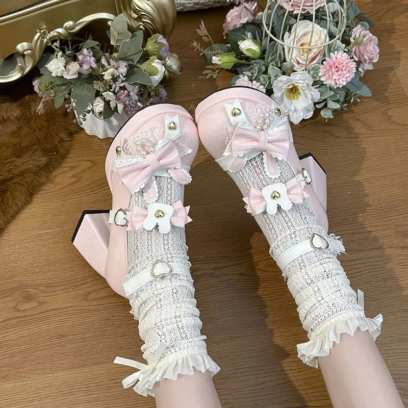 

Милые и милые туфли с жемчужным кроликом в стиле Лолиты для девочек, туфли на высоком каблуке с круглой головкой и бантом, кружевные туфли для чаепития для девочек