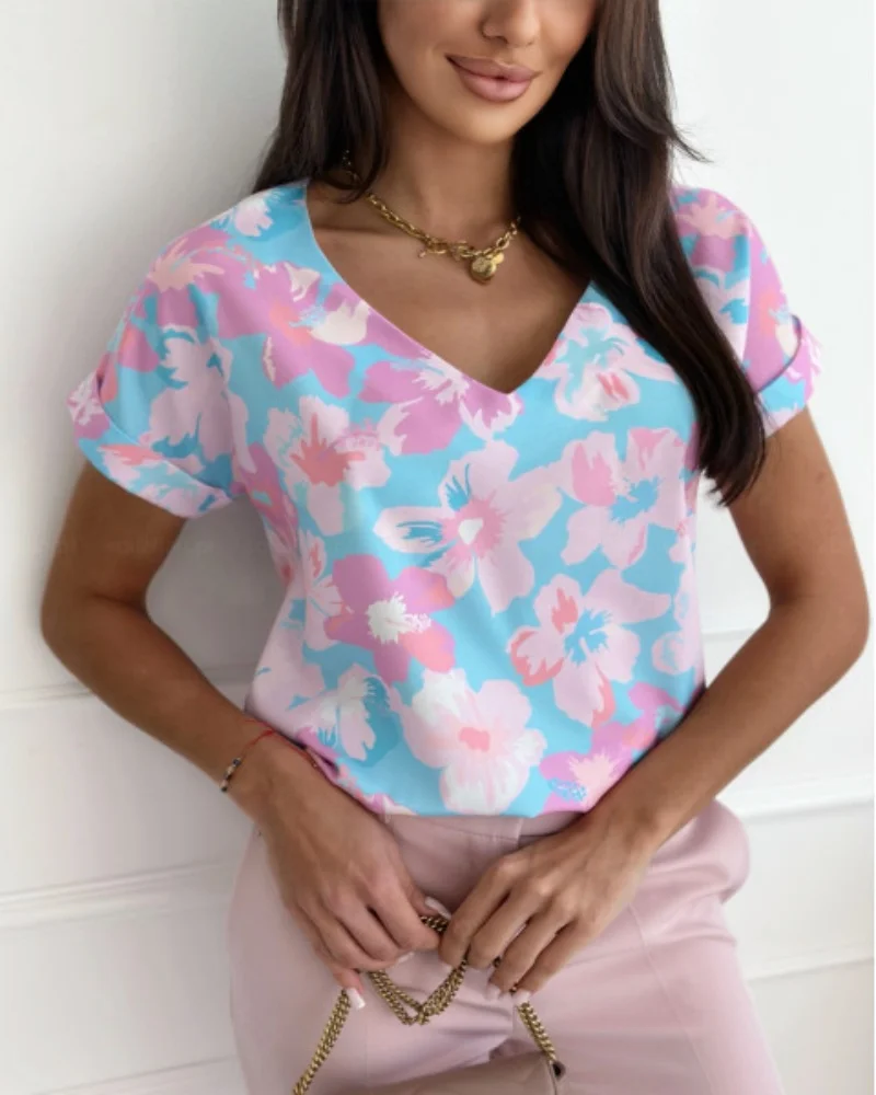 Sweet Floral Print V Neck Short Sleeve Blouse With Rolled Cuffs And Loose Fit Perfect For Summer Casual Daily Wear And Vacation