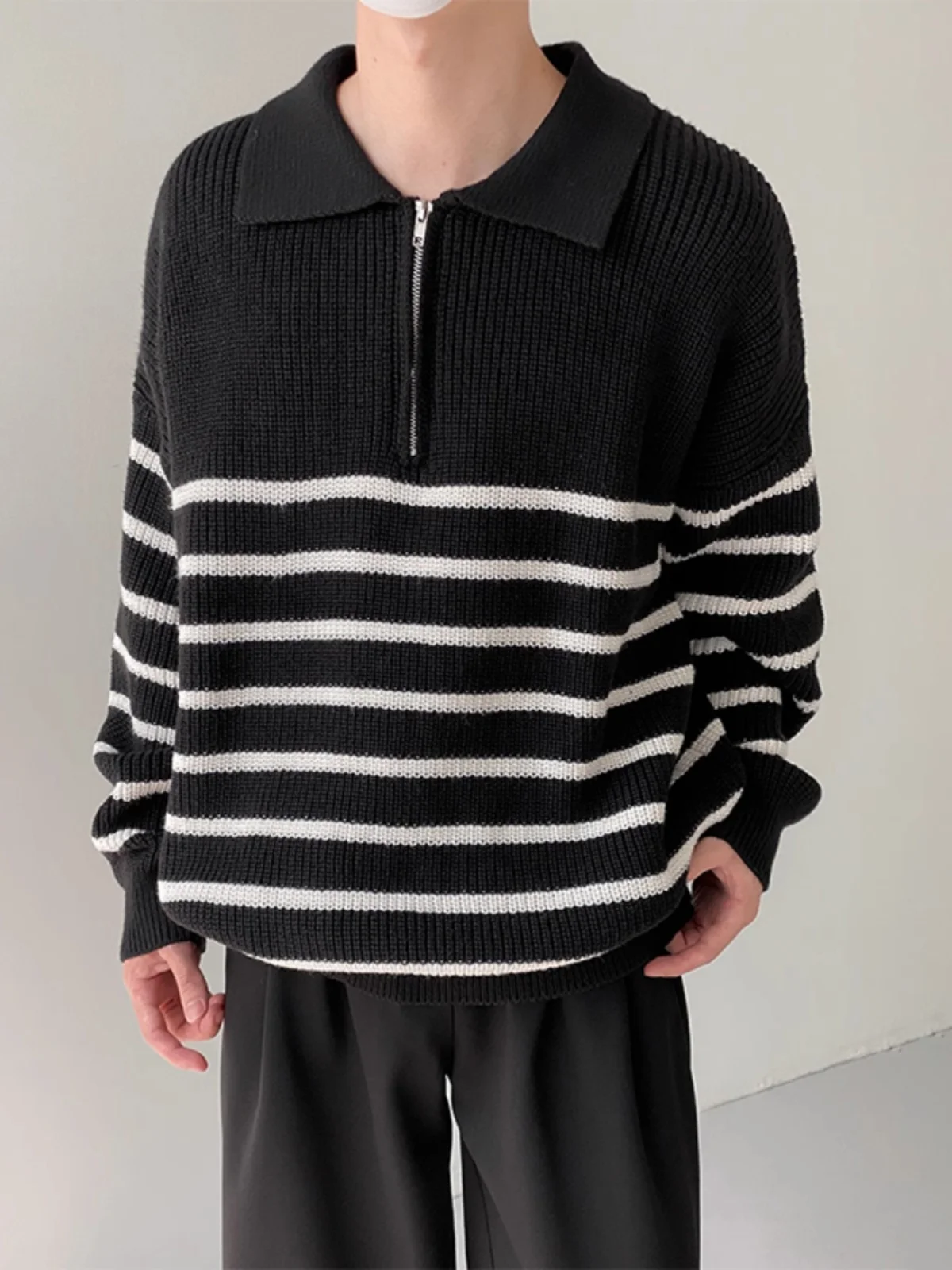 

Casual Stripe Zipper Ne Knitwear for Men Loose Fit Autumn Winter Faion Korean Sle Long Sve T-irt Jaet
