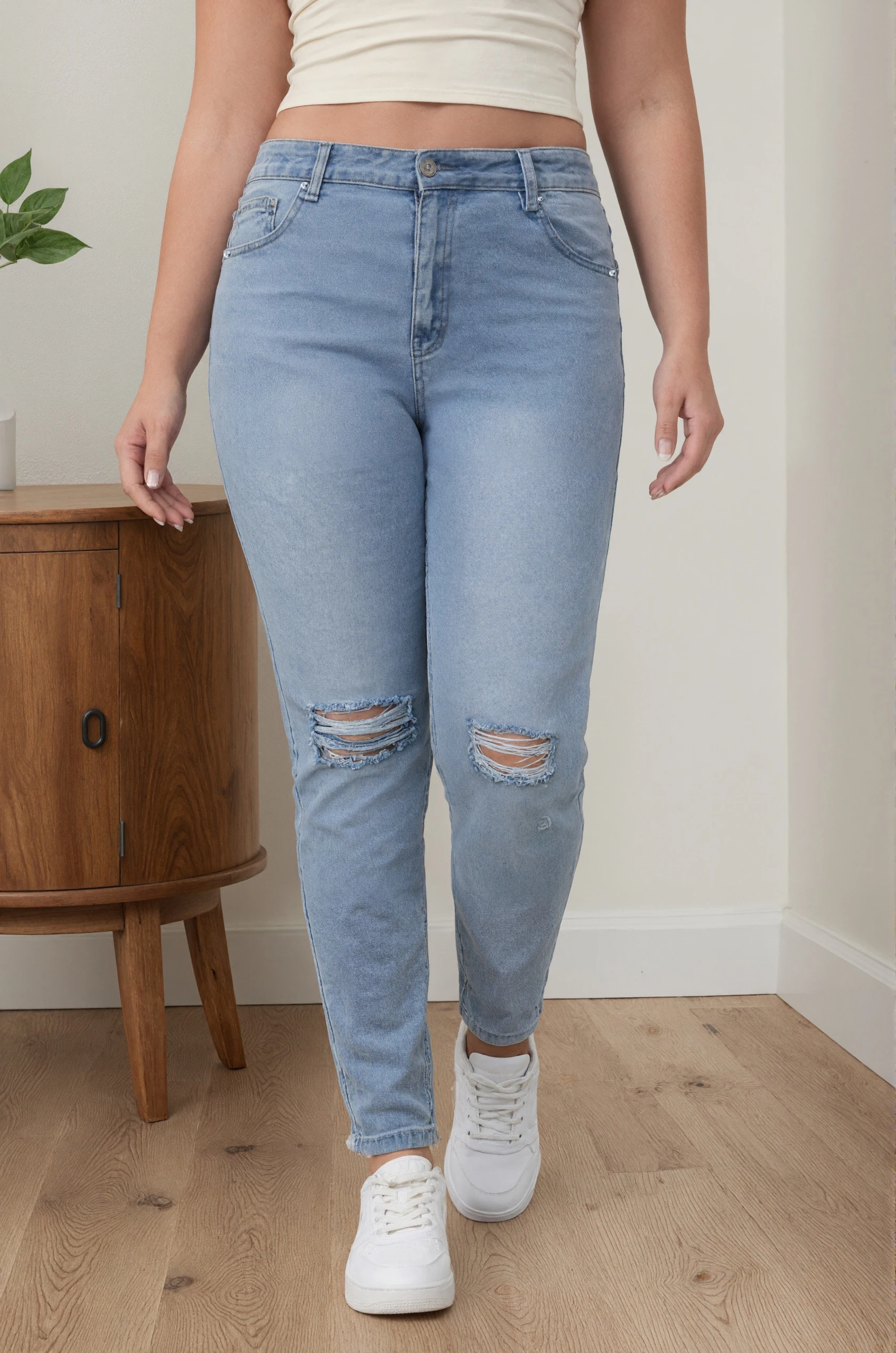 新しい流行のウォッシュドライトブルーのレディースプラスサイズダメージスキニージーンズ