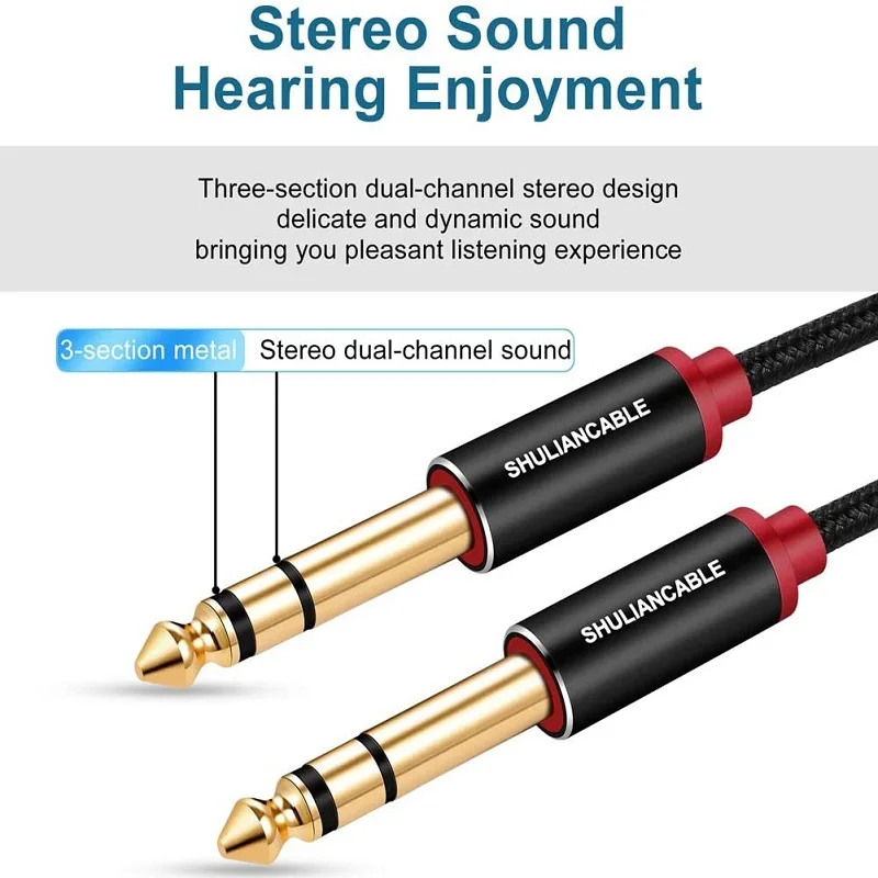 Kabel instrumentalny TRS 1/4 cala, zestaw 2 sztuk, kabel audio stereo z wtykiem męskim 6,3 mm, odpowiedni do gitary elektrycznej, basu. — zdjęcie produktu 2
