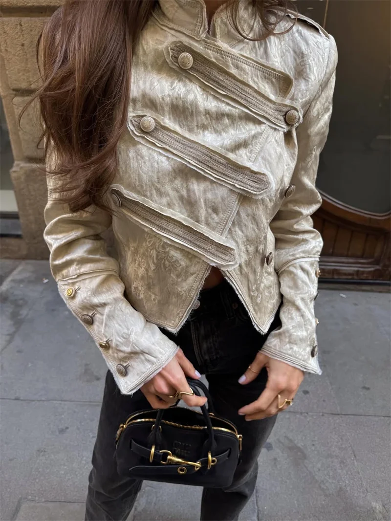 Women's Jacket 2026 New Fashion Asymmetrical Double-Breasted Napoleon Jacket High Street Retro Stand Collar Short Jacket