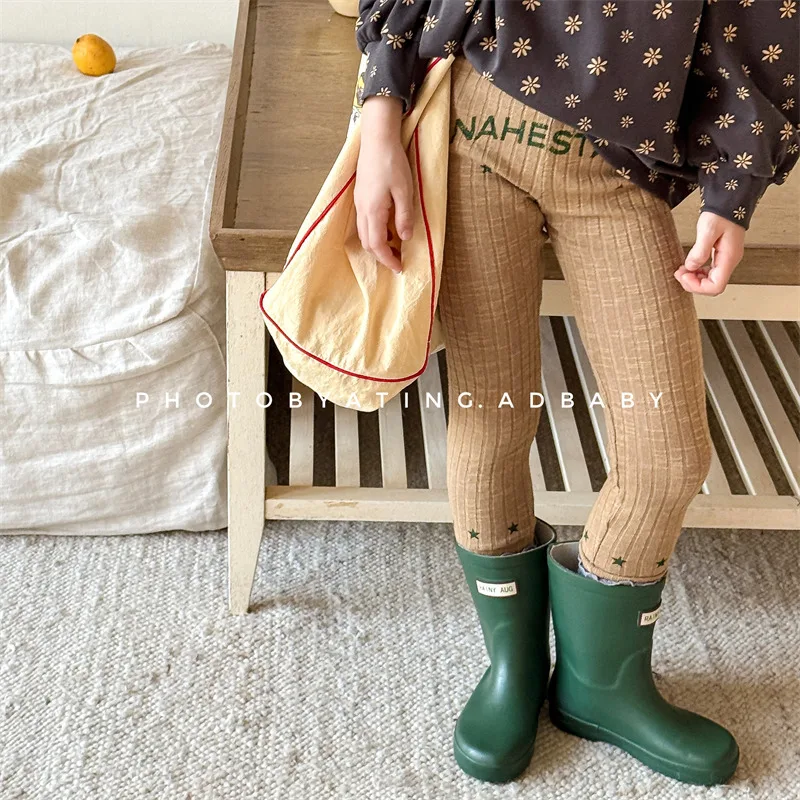 2025 Spring New Children Trousers Cotton Girls Letter Print Ribbed Leggings Baby Versatile Elastic Pants Kids Casual Pants