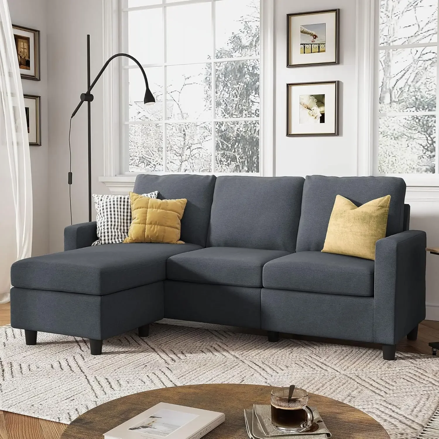 Convertible Sectional Sofa, L Shaped Couch With Reversible Chaise For Small Space, Dark Grey|