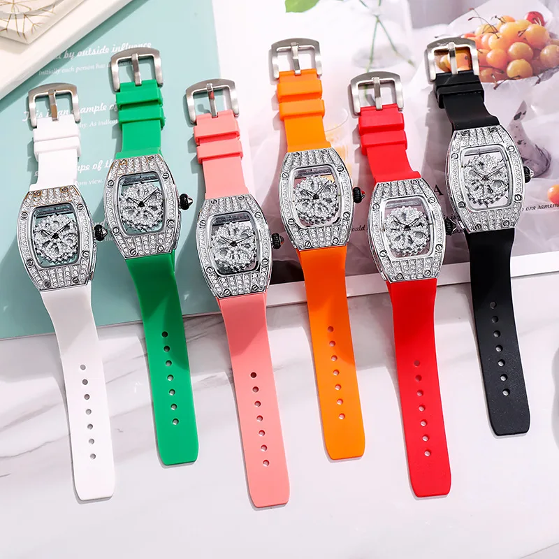 Ladies Watch Pentagram Rhinestone Spinning Diamond Face for Women Silicone Strap Sports Quartz Richard Watch Relojes Para Mujer