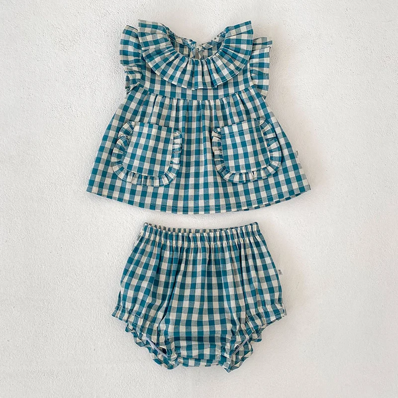 

Новый летний комплект одежды для новорожденных девочек 2026: хлопковая рубашка без рукавов в клетку + шорты-панталоны, для детей 1-4 лет