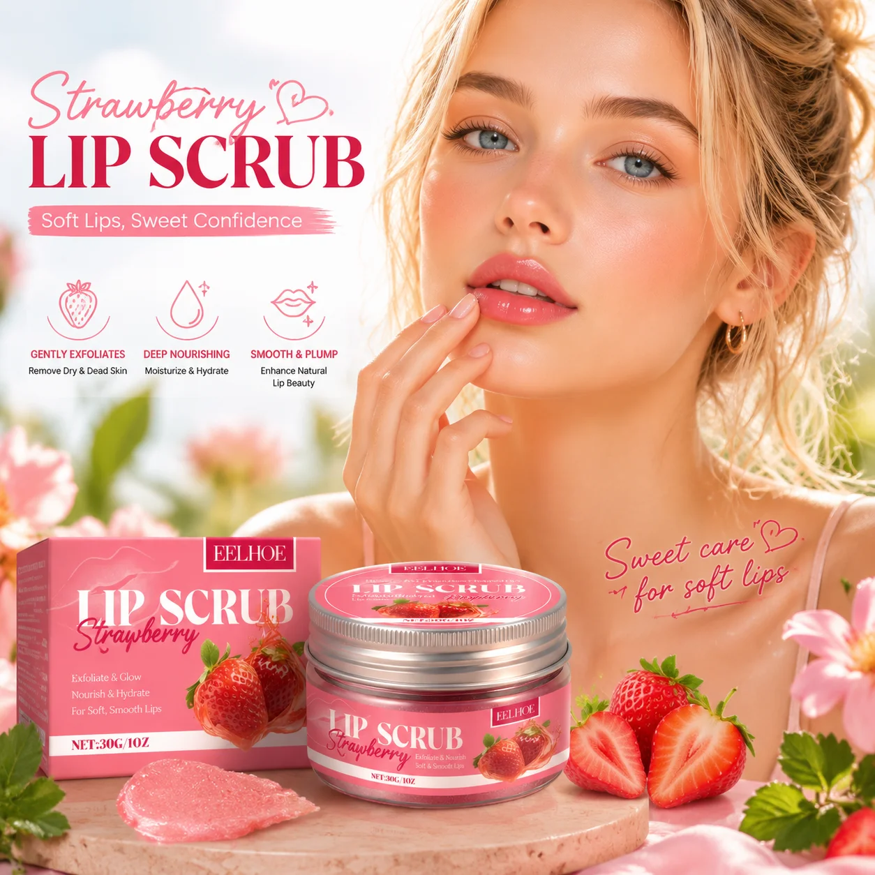 Strawberry Lip Scrub Exfoliating Balm, Daily Moisturizing, Hydrating, Anti-Chapped, Natural Plump, Smooth Glossy Soft Lips
